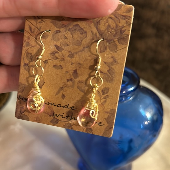 Gold Wire Wrap Coral Teardop Earrings - Picture 3 of 5